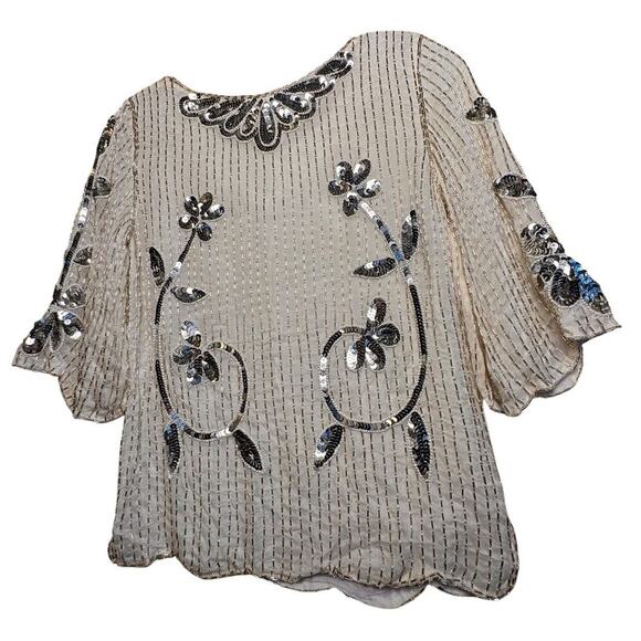 Vintage 60s Ivory Sequin Floral Beaded Silk Top Sz M 3/4 Sleeve Scalloped Beaded - Picture 3 of 16